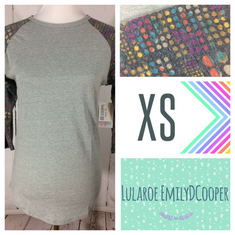XS Lularoe Randy Tee grey with rainbow dot sleeves